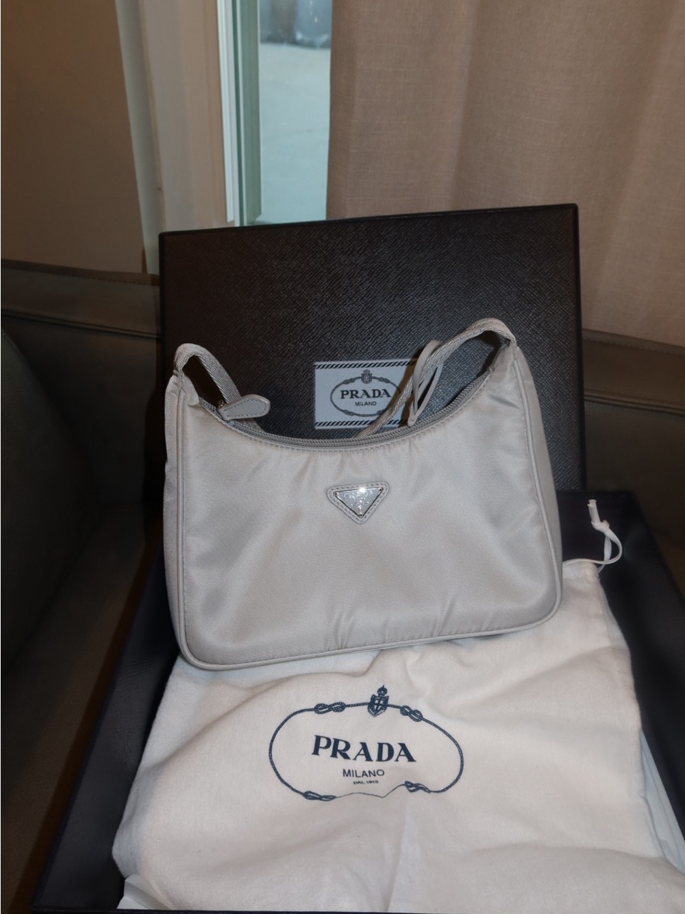 Prada Small Shoulder Bag in Light Blue Nylon with Silver Logo